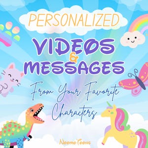 Puede incluir: Un gráfico digital con el texto PERSONALIZED VIDEOS & MESSAGES From Your Favorite Characters y Noomo Toons. El fondo es un cielo azul claro con nubes blancas, un arcoíris, un gato, una mariposa, un dinosaurio y un unicornio.
