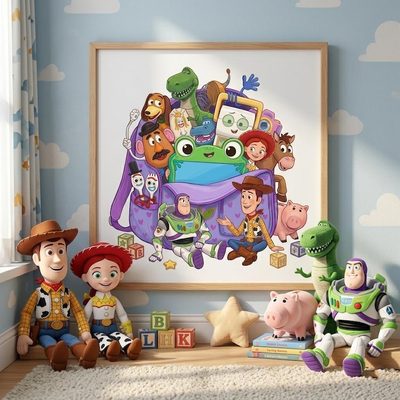 May include: A framed print featuring a collection of Toy Story characters, including Woody, Buzz Lightyear, and Rex, sits above a display of plush toys and accessories. The scene includes a plush pig, a star-shaped pillow, and alphabet blocks, creating a playful, themed environment.