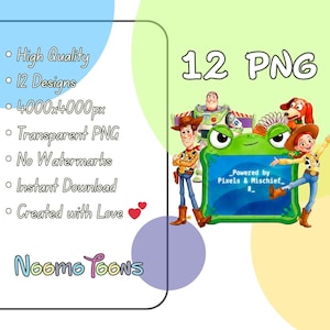 May include: A digital graphic featuring characters from the Toy Story movie franchise. The image includes Woody, Buzz Lightyear, Jessie, and Slinky Dog. Text reads "12 PNG" and details about the digital product, including "High Quality" and "Instant Download."