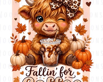 May include: A fluffy brown highland cow with a leopard print bow, winking while holding an iced coffee with a straw. The illustration features orange and white pumpkins, autumn leaves, and the text Fallin' for Coffee in a script and serif font.