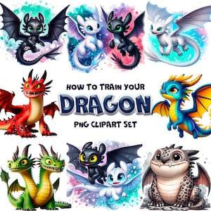 以下が含まれることがあります： カラフルなドラゴンのイラストのコレクション。画像には、黒、白、赤、緑、青など、さまざまなポーズと色のさまざまなドラゴンが描かれています。テキストは「How to Train Your Dragon PNG Clipart Set」と書かれています。
