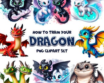 Designs Toothless PNG Clipart Bundle | Night Fury Watercolor | How To Train Your Dragon | Fantasy Birthday Party Decor | Digital Download