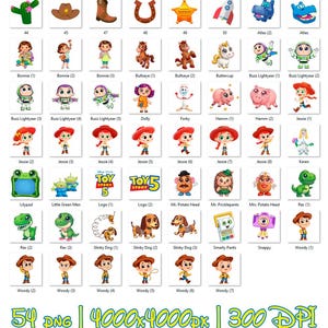 May include: Collection of 54 PNG images featuring characters and icons from the Toy Story franchise. Includes Woody, Buzz Lightyear, Jessie, and other characters. The images are 4000x4000 pixels at 300 DPI.