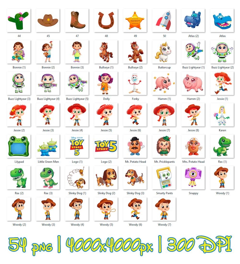 May include: Collection of 54 PNG images featuring characters and icons from the Toy Story franchise. Includes Woody, Buzz Lightyear, Jessie, and other characters. The images are 4000x4000 pixels at 300 DPI.