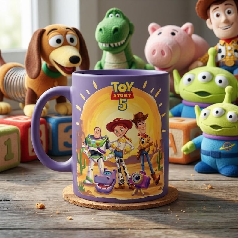 May include: A purple ceramic mug featuring characters from the movie Toy Story 5. The mug has a large handle and is set on a cork coaster. Toy Story character plush toys are in the background.