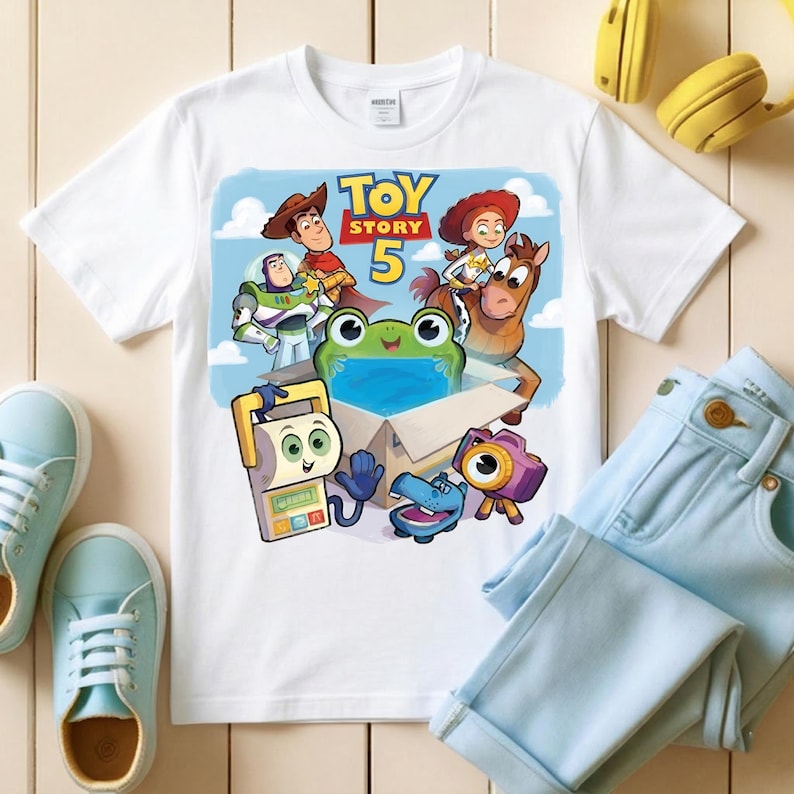 May include: White t-shirt featuring a colorful graphic from the movie Toy Story 5. The design includes characters like Woody, Buzz Lightyear, and Jessie. The shirt is paired with light blue jeans and sneakers.