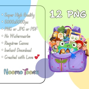 Pu&ograve; includere: Un'illustrazione digitale con uno zaino viola pieno di personaggi dei cartoni animati. L'immagine include il testo "12 PNG" e punti elenco che elencano funzionalit&agrave; come "Super High Quality" e "Instant Download". &Egrave; visibile anche il marchio "Noomo Toons".