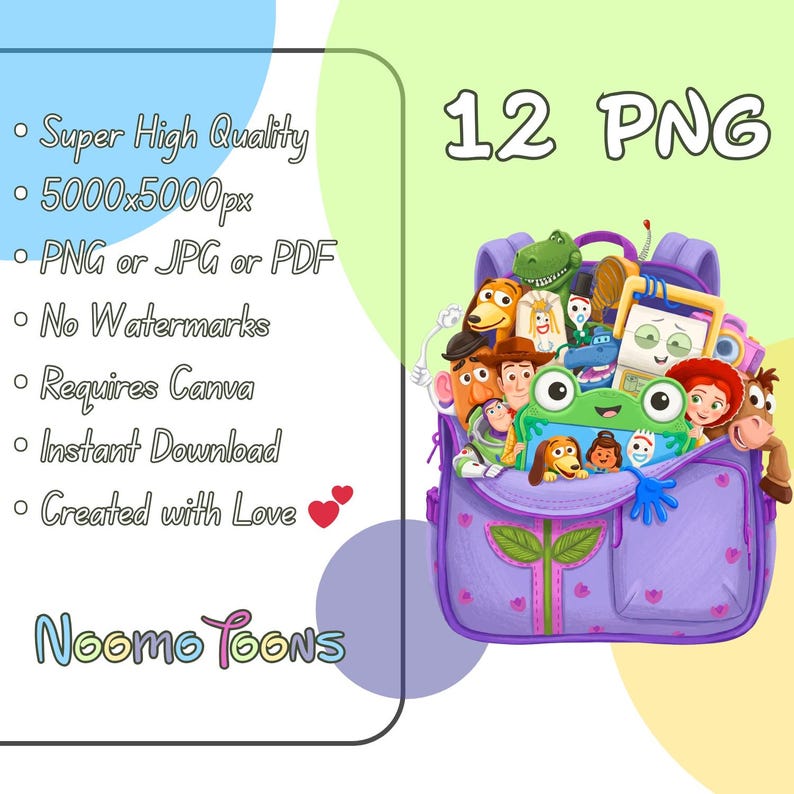 Pu&ograve; includere: Un'illustrazione digitale con uno zaino viola pieno di personaggi dei cartoni animati. L'immagine include il testo "12 PNG" e punti elenco che elencano funzionalit&agrave; come "Super High Quality" e "Instant Download". &Egrave; visibile anche il marchio "Noomo Toons".