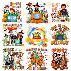 May include: A digital sheet of nine Halloween-themed Toy Story illustrations featuring characters like Woody, Buzz Lightyear, and Jessie in costumes. The designs include pumpkins, ghosts, and text such as Boo-tiful Together, Trick or Treat, and To Infinity and Boo-yond.