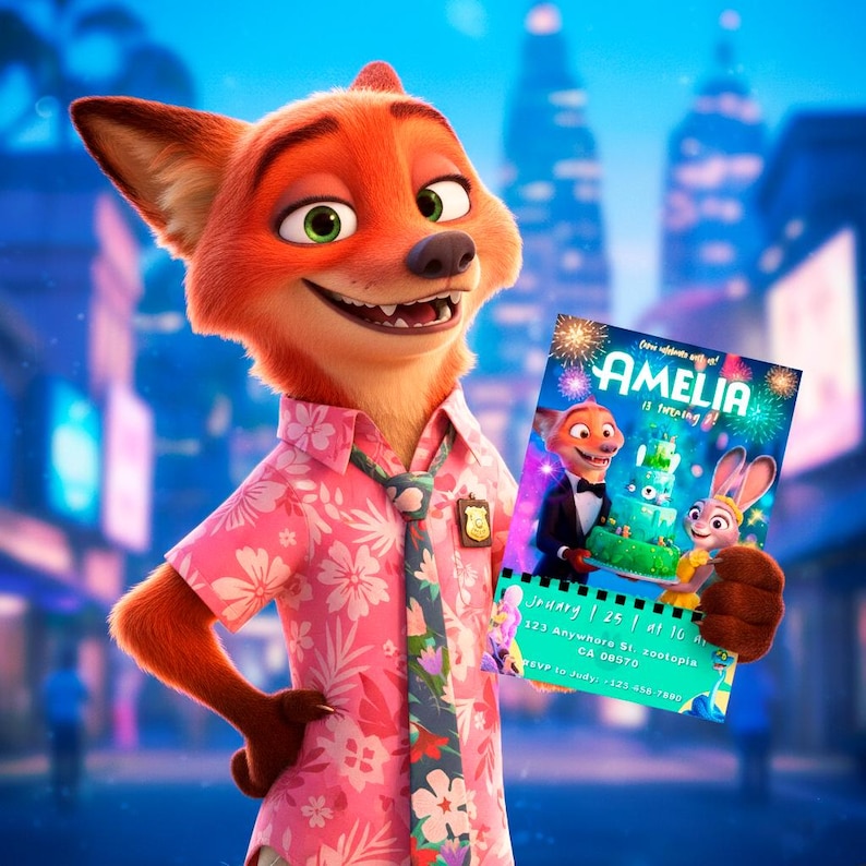 May include: An orange fox character wearing a pink floral shirt and a patterned tie holds a rectangular birthday invitation. The invitation features the text AMELIA is turning 4, a green cake, and party details including the date January 25 and address.