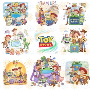 May include: A series of vibrant illustrations showcasing characters from the "Toy Story" franchise. The images include Woody, Buzz Lightyear, Jessie, and other toys. The text "Toy Story 5" and "Team Up!" are visible.