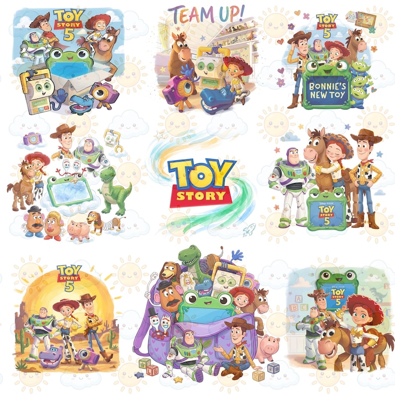 May include: A collection of colorful illustrations featuring characters from the "Toy Story" franchise. The images include Woody, Buzz Lightyear, Jessie, and other toys. The text "Toy Story 5" and "Team Up!" are visible.