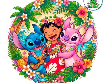 Stitch and Friends Watercolor PNG – Friendship Cartoon Art, Lilo, Angel Clipart (Digital Download)