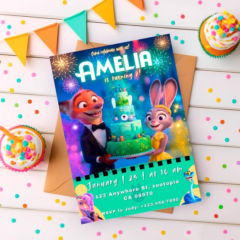 May include: A rectangular birthday invitation card featuring a fox in a tuxedo and a rabbit in a yellow dress holding a tiered green cake. The text reads: Come celebrate with us! AMELIA is turning 7! January 25 at 10 am, 123 Anywhere St. Zootopia, CA 08970, RSVP to Judy: +1-123-456-7890.