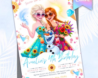 Frozen Summer Watercolor Birthday Invitation: Any Age Princess Frozen Fun Under the Sun Spring Invite (Canva Editable Template)