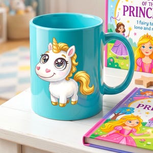 May include: A turquoise ceramic mug featuring a cartoon unicorn with a golden horn and mane. The unicorn has large, expressive eyes and a smiling face. The mug is next to children's books with princess illustrations.