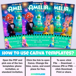 May include: A digital birthday invitation template featuring Zootopia characters Nick Wilde and Judy Hopps holding a tiered cake against a fireworks background. The text reads Amelia is turning 7, January 25 at 10 am, 123 Anywhere St. Zootopia CA 08970, and RSVP to Judy +123-456-7890.