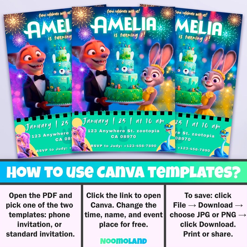May include: A digital birthday invitation template featuring Zootopia characters Nick Wilde and Judy Hopps holding a tiered cake against a fireworks background. The text reads Amelia is turning 7, January 25 at 10 am, 123 Anywhere St. Zootopia CA 08970, and RSVP to Judy +123-456-7890.