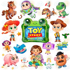 May include: A collection of colorful cartoon character illustrations from the Toy Story franchise. The image includes Woody, Buzz Lightyear, Jessie, Mr. Potato Head, and other characters, along with the Toy Story logo.