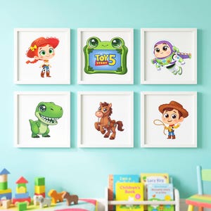 May include: Six framed prints featuring characters from the Toy Story franchise. The prints include Jessie, Buzz Lightyear, a green dinosaur, a brown horse, Woody, and a frog-shaped frame with the text "Toy Story 5".