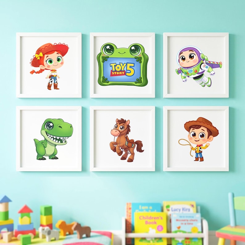 May include: Six framed prints featuring characters from the Toy Story franchise. The prints include Jessie, Buzz Lightyear, a green dinosaur, a brown horse, Woody, and a frog-shaped frame with the text "Toy Story 5".