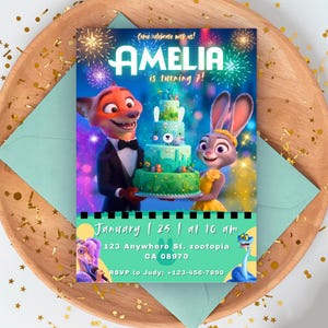 May include: A rectangular birthday invitation card featuring a fox in a tuxedo and a rabbit in a yellow dress holding a tiered green cake. The text reads: Come celebrate with us! AMELIA is turning 7! January 25 at 10 am, 123 Anywhere St. zootopia CA 08970, RSVP to Judy: +123-456-7890.
