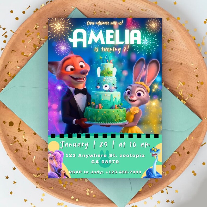 May include: A rectangular birthday invitation card featuring a fox in a tuxedo and a rabbit in a yellow dress holding a tiered green cake. The text reads: Come celebrate with us! AMELIA is turning 7! January 25 at 10 am, 123 Anywhere St. zootopia CA 08970, RSVP to Judy: +123-456-7890.