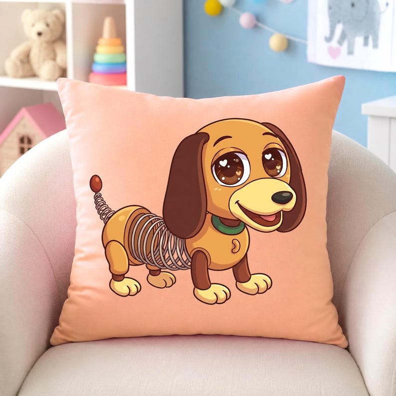 May include: A peach-colored square pillow featuring a cartoon dachshund with a spring-like body. The dog has brown ears, a green collar, and large, expressive eyes. The design is a playful, whimsical style, suitable for a child's room or nursery.