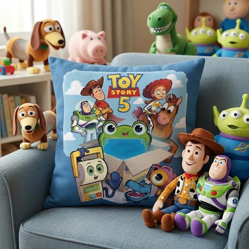 May include: A blue throw pillow featuring characters from Toy Story 5, with Woody, Buzz Lightyear, and Jessie. Plush toys of Slinky Dog, Rex, Hamm, and the Little Green Men surround the pillow on a blue armchair.