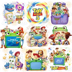 May include: A collection of colorful illustrations featuring characters from the "Toy Story" franchise. The images include the text "Toy Story 5" and various characters like Woody, Buzz Lightyear, and Jessie. The artwork has a playful and animated style.