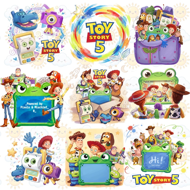 Pu&ograve; includere: Una collezione di illustrazioni colorate con i personaggi di "Toy Story 5". Le immagini includono Woody, Buzz Lightyear, Jessie e altri personaggi. Il testo "Toy Story 5" &egrave; presente in vari design, con uno stile giocoso e animato.