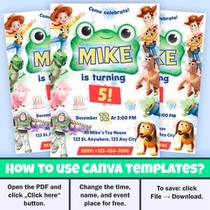 Pode incluir: Convites para festas de anivers&aacute;rio com personagens de desenhos animados. Os convites apresentam um design de r&atilde; verde com o nome "Mike" e o n&uacute;mero "5". Eles tamb&eacute;m incluem a data, hora e local da festa. Instru&ccedil;&otilde;es de uso do modelo.