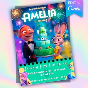 May include: A digital birthday invitation featuring a fox in a tuxedo and a rabbit in a yellow dress holding a tiered green cake. The text reads: Come celebrate with us! AMELIA is turning 7! January 25 at 10 am, 123 Anywhere St. Zootopia.