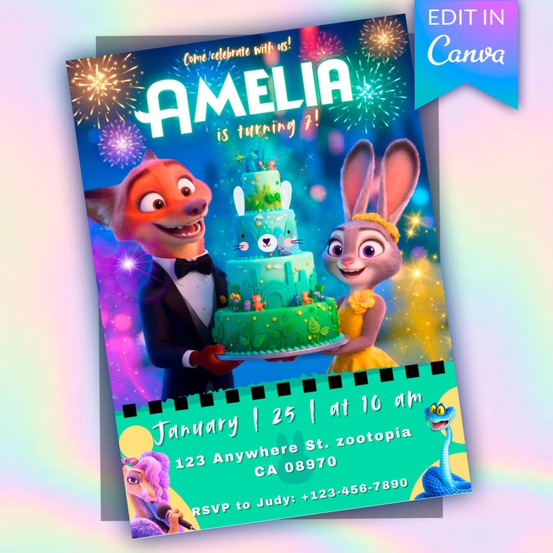 May include: A digital birthday invitation featuring a fox in a tuxedo and a rabbit in a yellow dress holding a tiered green cake. The text reads: Come celebrate with us! AMELIA is turning 7! January 25 at 10 am, 123 Anywhere St. Zootopia.