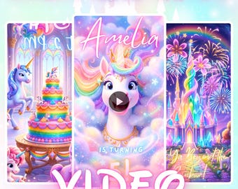 Unicorn Girly Birthday Video Invitation: Rainbow Pony Party Evite Canva Template (Digital Download MP4)