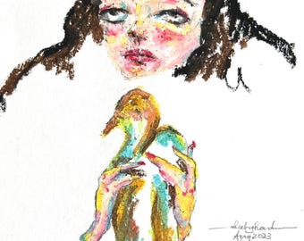 Arte expresionista, retrato de mujer con pastel al óleo.