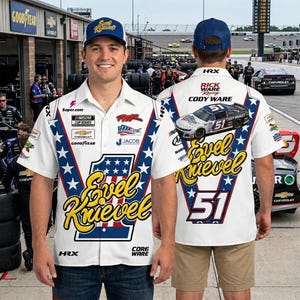 Chemise de course Evel Knievel, boutonnage style NASCAR personnalisé, maillot Cody Ware n°51, t-shirt graphique voiture de course patriotique, sport automobile de style vintage