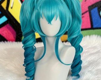 Parrucca con coda di cavallo sfumata blu Miku, parrucca sintetica a doppia coda di cavallo, capelli per cosplay anime, parrucca lunga a spirale con codini, parrucca alla moda per costumi fantasy