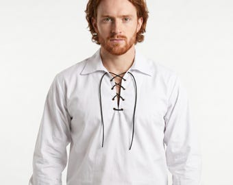 Camicia Ghillie Jacobite da uomo, kilt scozzese delle Highlands, camicia rinascimentale medievale bianca con lacci, taglie S-8XL