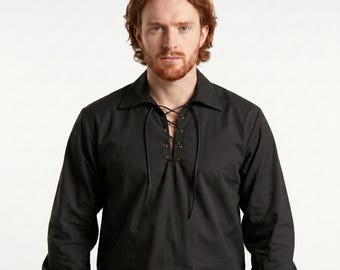 Black Men's Scottish Jacobite Ghillie Shirt, Handmade Highland Kilt Shirt, Leather Lace-Up, Sizes S–8XL