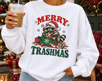 Merry Trashmas Sweatshirt, Funny Raccoon Christmas Shirt, Vintage Holiday Graphic Crewneck