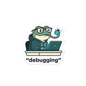 May include: A sticker depicting a cartoon frog in glasses and a hoodie, working on a laptop. The frog is holding a glowing blue bug. The word "debugging" is written below the frog.