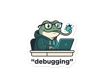 Felsökningsgroda-klistermärke – Rolig utvecklare-laptopdekal, programmerare, mjukvaruingenjör, vinylgrafik