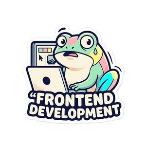 May include: A sticker featuring a cartoon frog with a worried expression, sitting in front of a laptop. The frog is green, blue, and yellow. The text "FRONTEND DEVELOPMENT" is below the frog and laptop.