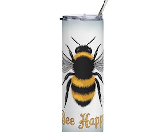 Bee Happy 20oz Stainless Steel Tumbler — Insulated Bumblebee Floral Travel Cup