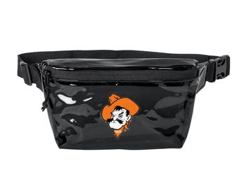 Clear/Black Transparent Fanny Pack with Orange Cowboy Mascot – Stadium-Approved Festival Belt Bag