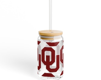 OU Logo 16oz Glass Sipper with Bamboo Lid — Oklahoma Sooners Drink Tumbler