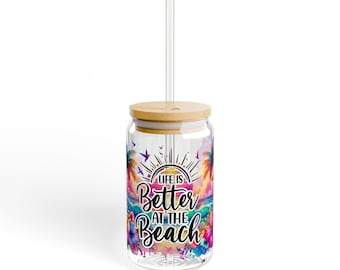 16oz Beach Scene Glass Tumbler with Bamboo Lid and Straw
