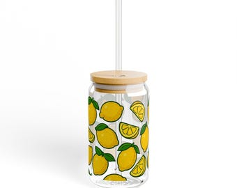 Lemon Pattern Sipper Glass — 16oz Decorative Straw Tumbler