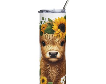 20oz Sunrise Cow Tumbler — Sunflower Highland Cow Stainless Steel Travel Cup